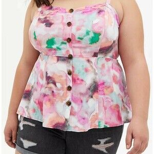 Torrid Plus Size 2 Watercolor Twill Fit & Flare Tank Top Sweetheart Neck Button